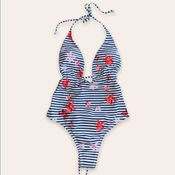 L Space Floral Bay Pamela Striped Halter Top One Piece Swimsuit Size 4 - Picture 3 of 8